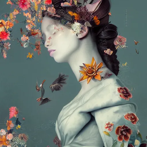 Image similar to 3 / 4 view of a beautiful girl wearing an origami dress, eye - level medium shot, fine floral ornaments in cloth and hair, hummingbirds, elegant, by eiko ishioka, givenchy, ambrosius boeschaert, by peter mohrbacher, centered, fresh colors, origami, fashion, detailed illustration, vogue, native american woman, reallusion character creator