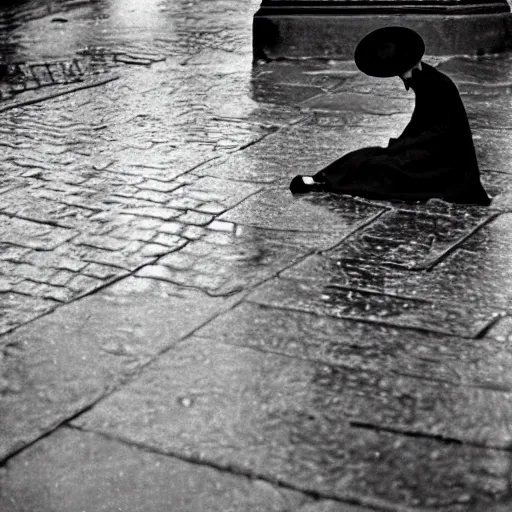 Image similar to fine art photograph of a woman waiting for the rain to stop, rainy flagstone cobblestone street, sharp focus photo by henri cartier - bresson