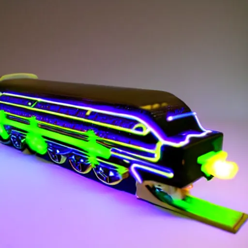 Prompt: cybertronic neon train, mechanical, glowing, shooting flames