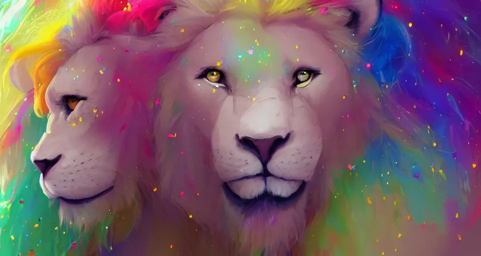 Prompt: aesthetic portrait commission of a albino male furry anthro lion surronded by rainbow confetti at a gay pride festival with his male lion anthro friends, bright and sunny atmosphere, Character design by charlie bowater, ross tran, artgerm, and makoto shinkai, detailed, inked, western comic book art, 2021 award winning painting