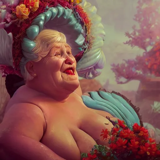 Image similar to of a very beautiful scene. ambient occlusion render. a sweet fat old woman is giving a birth to a huge colorful fish. flowery dress. mirror. symmetrical face, red mouth, blue eyes. deep focus, lovely scene. ambient occlusion render. concept art. unreal engine.