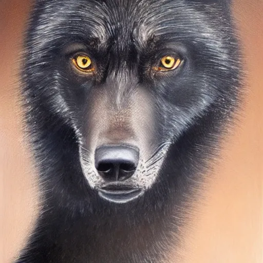 Image similar to Detailed portrait of a beautiful black wolf, dramatic lighting, dark background, bokeh, hyper realistic, HD, oil on canvas