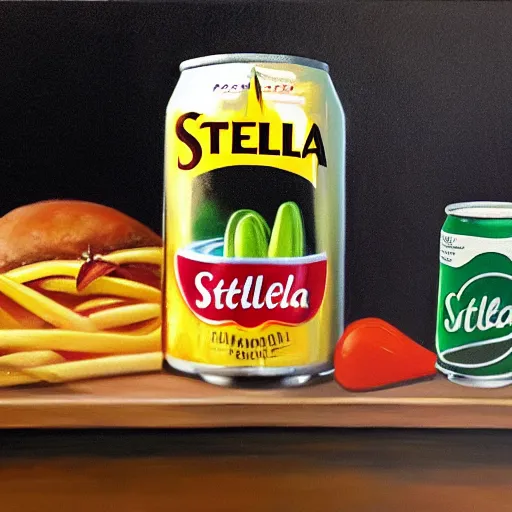 Image similar to realistic painting of a still life with can of stella and happy meal