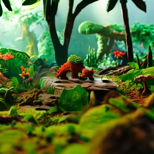 Image similar to A claymation scene of highly detailed hyper real Jungle, vines, trees, birds, flowers, dappled light, lens flare, “Stegosaurus made of plasticine”
