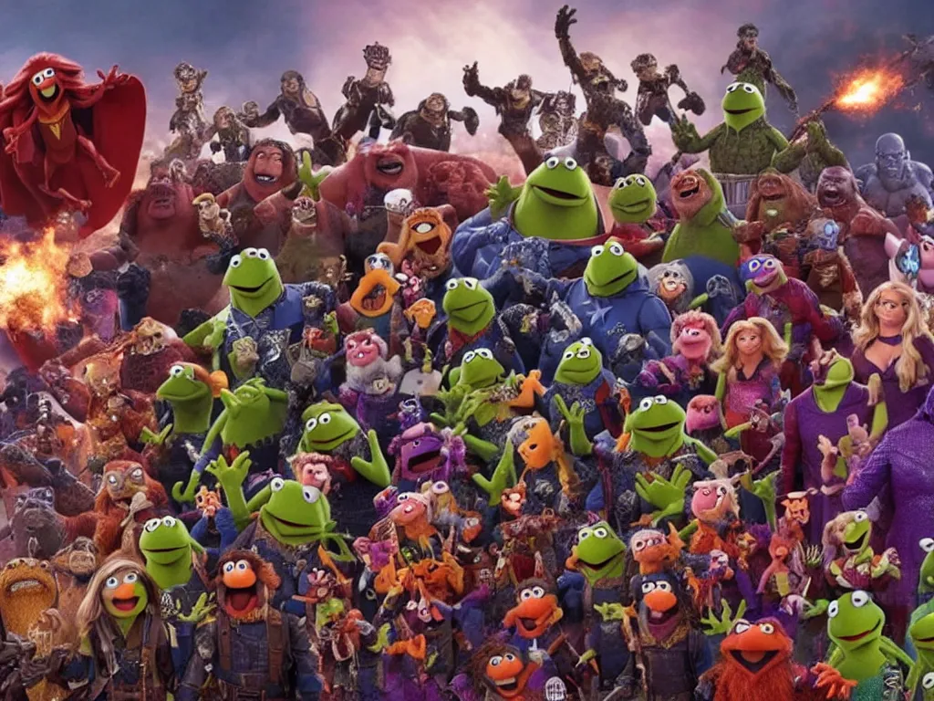 Prompt: A still of The Muppets in the final fight against Thanos, Avengers Endgame, epic, cinematic