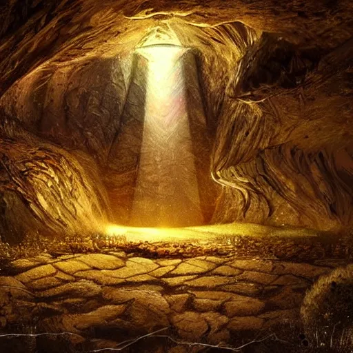 Prompt: a diamond mine, lots of diamonds unearthed, a lights is being reflected all around the dark cave mine, luminous Color’s, murial art, concept art.