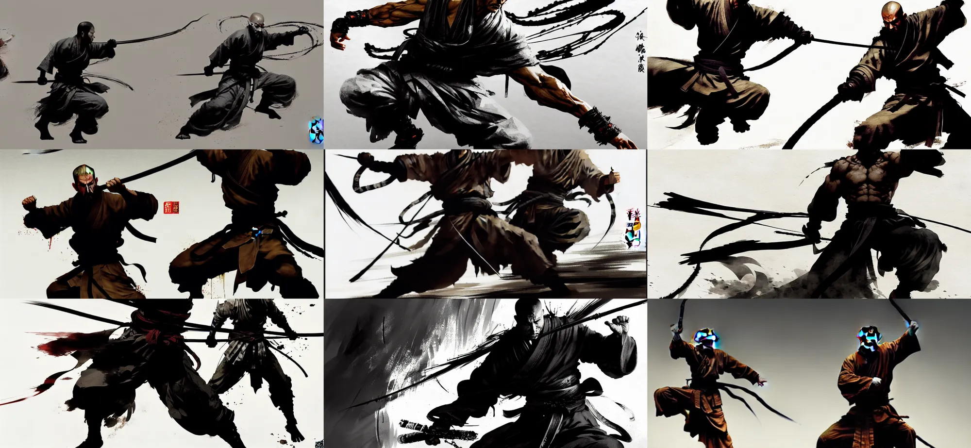 Prompt: Epic action scene, Concept art of a monk, surrounded by trails of thin black ink, full body wuxia, shaolin martial arts by Akihito Yoshitomi AND Yoji Shinkawa AND Greg Rutkowski, Mark Arian trending on artstation, 4k