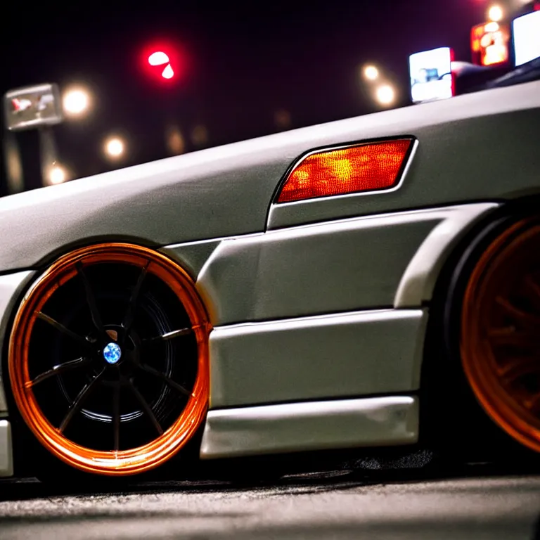 Prompt: close-up-photo Toyota chaser turbo illegal roadside night meet, work-wheels, Shibuya shibuya, cinematic color, photorealistic, deep dish wheels, highly detailed night photography