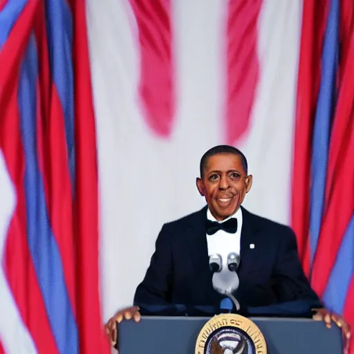 Image similar to president with clown makeup in a podium as the puppet of a human shadow