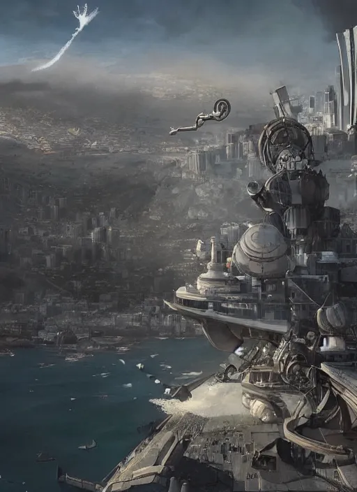 Image similar to hyper realistic squid shaped robot attacking cape town city, table mountain explosions, atmospheric beautiful details, strong composition drawn in ink by kim jung giu weta studio rutkowski, james gurney and greg rutkowski, and lucasfilm