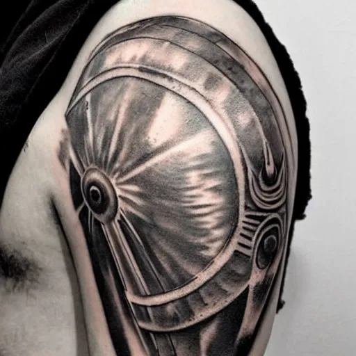 Image similar to A thracian helmet, tattoo, tattoo art, Black and grey tattoo style