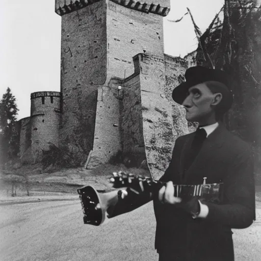 Image similar to vintage photograph of count orlok outside his castle, playing the blues on guitar, castle in the background, 4 k