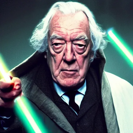 Prompt: michael gambon as albus dumbledore with a lightsaber