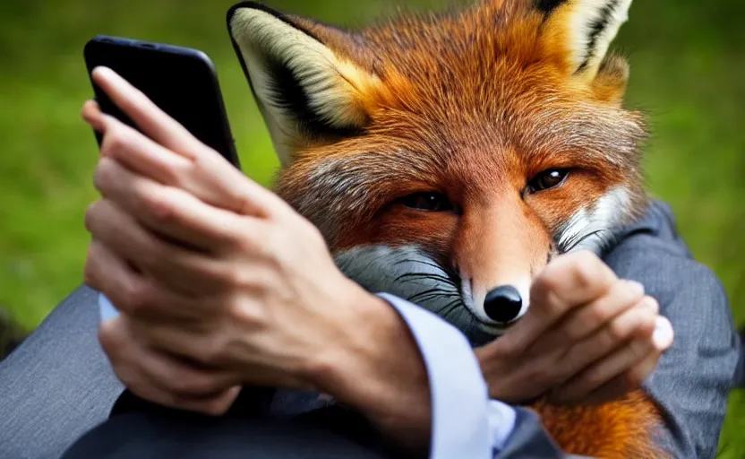 Prompt: an anthropomorphic fox looking at his smartphone which he is holding wearing a suit, anthro, posted on furafinity