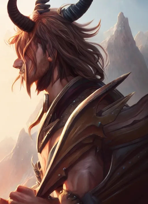 Image similar to portrait of a handsome young clean - shaven warrior with horns and long hair, epic landscape, realistic anime, highly detailed, unreal engine 5, 8 k, digital fantasy illustration, art by rossdraws, sharp focus, octane render, trending on artstation,