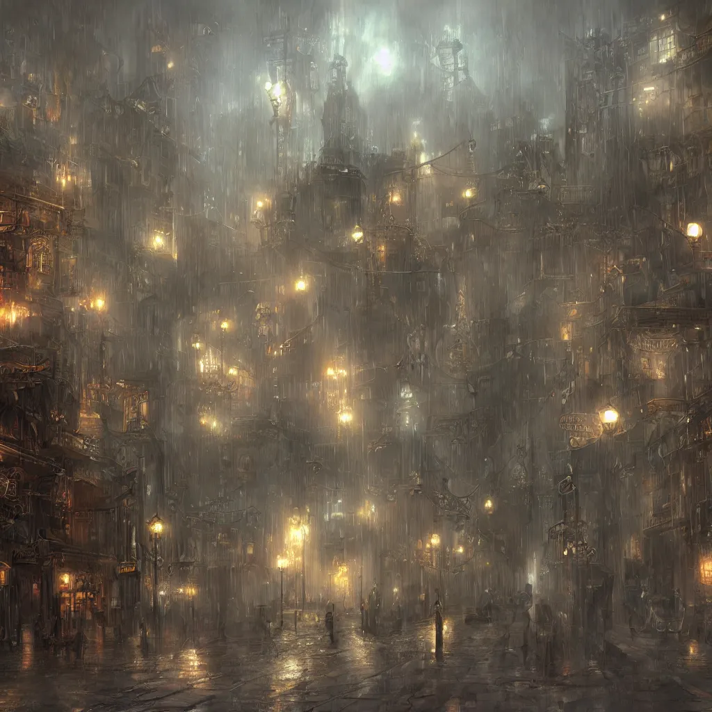 Image similar to steam punk city, concept art, light rain