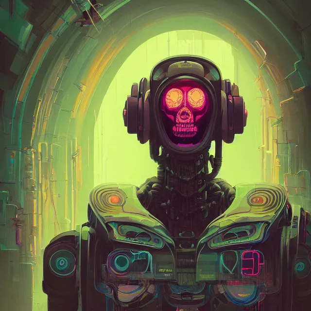 Prompt: a beautiful portrait painting of a ( ( ( cyberpunk ) ) ) robot skull by simon stalenhag and pascal blanche and alphonse mucha!! and nekro. in style of digital art. colorful comic, film noirs, symmetry, brush stroke, vibrating colors, hyper detailed. octane render. trending on artstation