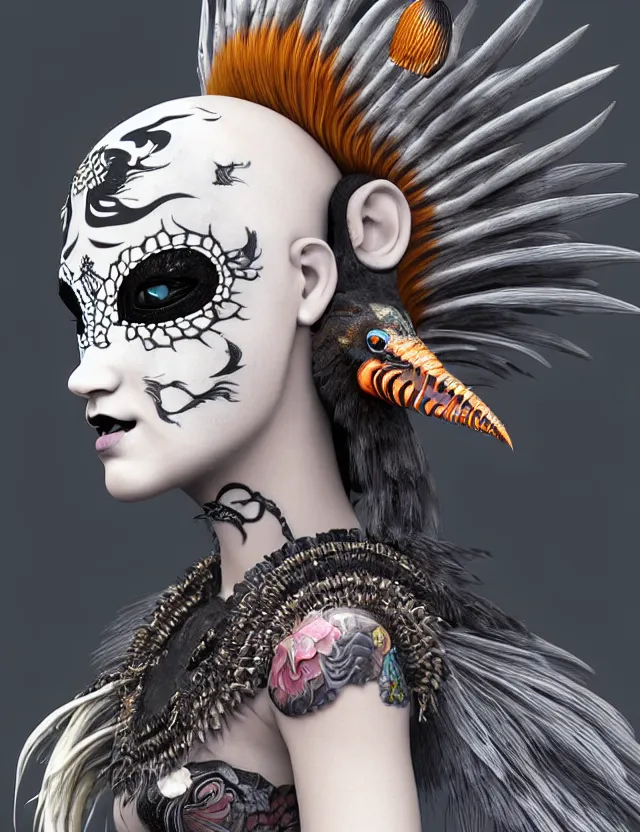 Image similar to 3 d photo realistic goddess close - up profile portrait punk with mohawk with ram skull. beautiful intricately detailed japanese crow kitsune mask and clasical japanese kimono. betta fish, jellyfish phoenix, bio luminescent, plasma, ice, water, wind, creature, artwork by tooth wu and wlop and beeple and greg rutkowski