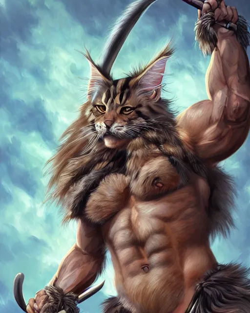 Image similar to portrait of a very cute fursona maine coon barbarian, muscular, wild, d & d, fantasy, intricate, full - length, cinematic lighting, highly detailed, digital painting, artstation, concept art, smooth, sharp focus, illustration, art by hajime sorayama