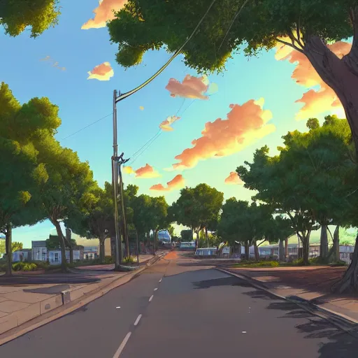 Image similar to neighborhood street, uptown street, golden hour, golden sunshine, trees over road, shining sun in distance, trees, juniper trees, oak trees, cars parked in street, long street, distance, cel - shaded, raytracing, cel - shading, toon - shading, 2 0 0 1 anime, flcl, jet set radio future, drawn by artgerm