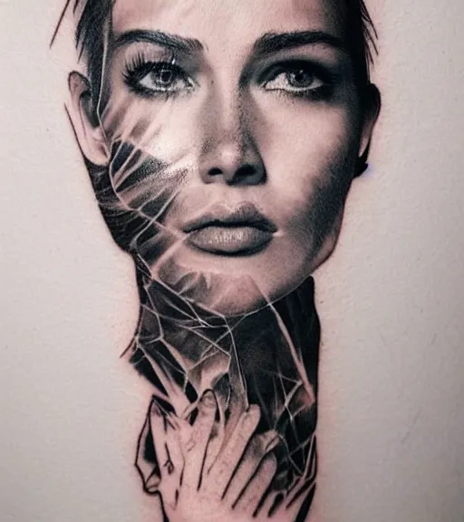 Prompt: hyper realism tattoo sketch of a beautiful woman face double exposure effect with beautiful mountains, in the style of matteo pasqualin, amazing detail, sharp, faded