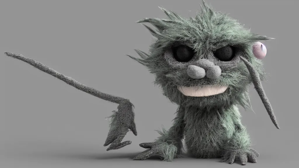 Image similar to 3 d model of a furry adorable sinister muppet monster by jim henson and alexander jansson : 1 | spectral color, electric color, rolling hills : 0. 9 | fantasy : 0. 9 | by dave melvin : 0. 4 | unreal engine, deviantart, artstation, octane, finalrender, concept art, hd, 8 k resolution : 0. 8