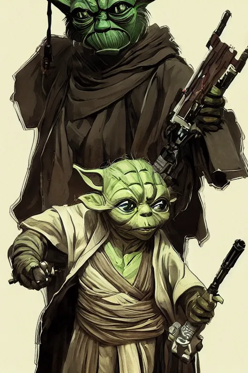 Prompt: star wars illustrated by yoji shinkawa, yoda, kenobi, mandalorian, ink, digital painting, highly detailed, trending on artstation, sharp focus, illustration, concept art, norman rockwell