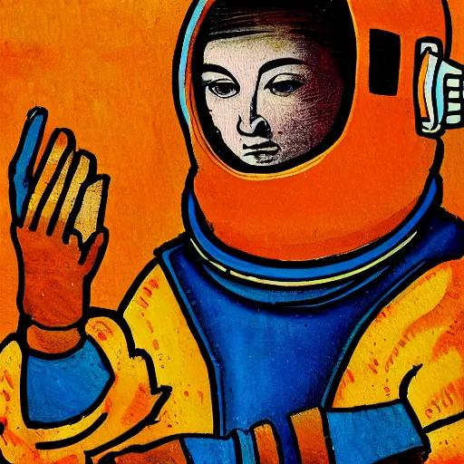 Prompt: a medieval style painting of an astronaut in space wearing an orange space suit