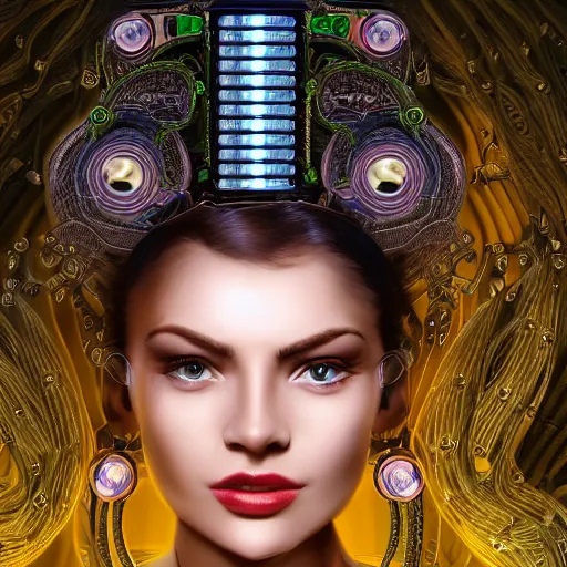Prompt: very beautiful woman integrating with technology, full face frontal centered, portrait, insipiring, detailed intricate ornate cables connected to head, big open electric eyes, luxurious detailed abundent wiring and implants, diamonds, sci-fi, neon, emeralds, detailed technology full background, highly detailed, artstation, Rene Lalique and Eddie Mendoza and Gil Elvgren