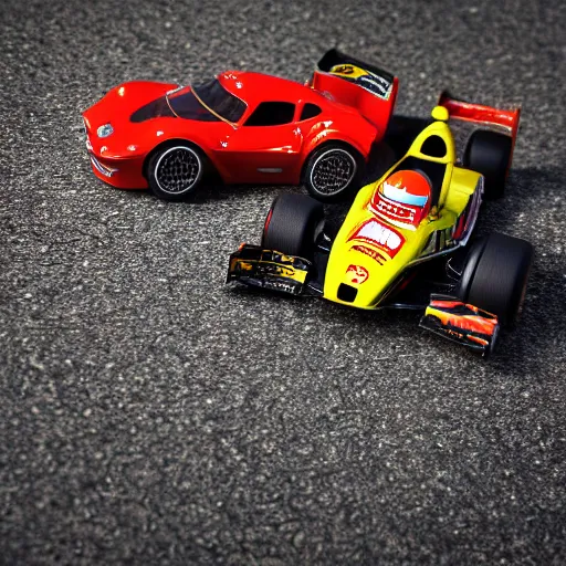 Prompt: photograph, hot wheels, formula 1, ferrari, monza, macro, bokeh