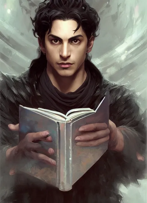 Image similar to character concept portrait of a handsome young evil hispanic wizard with olive skin casting a necromancy spell, a magic iridescent spell book in the center, intricate, elegant, digital painting, concept art, smooth, sharp focus, illustration, from Metal Gear, by Ruan Jia and Mandy Jurgens and Artgerm and William-Adolphe Bouguereau