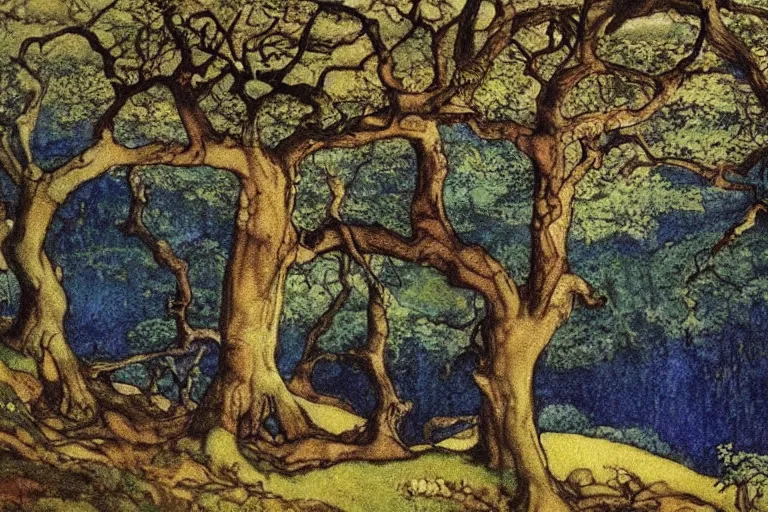 Image similar to masterpiece painting of oak trees on a hillside overlooking a creek, dramatic lighting, by edmund dulac