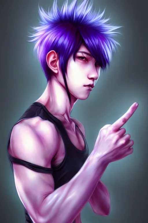 Image similar to gorgeous!!! hyper - realistic teenager boy with purple hair, purple eyes with red eye markets, slim body, wearing combat japanese clothes, holding a fan | drawn by wlop, drawn by jeehyung lee, drawn by artgerm | intricate, highly detailed, digital painting, character design, concept art, illustration, artstation