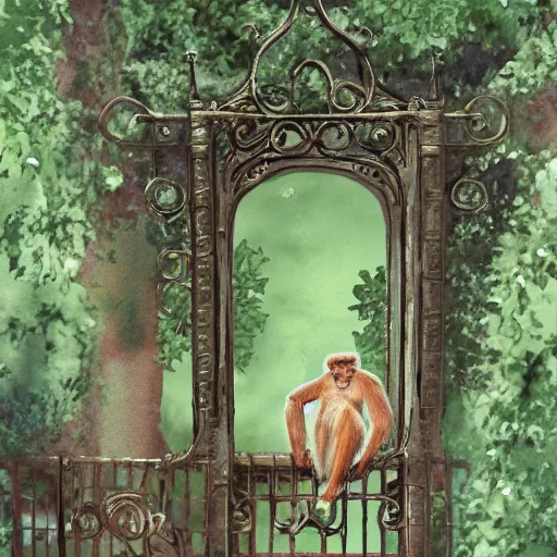 Image similar to delicate, monkey on chairs, garden, paved, botanic watercolors, iridescent, 8 k, realistic shaded, fine details, artstation, italian, iron gate, tree, mediterranean, marvelous