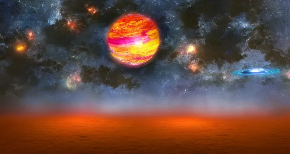 Image similar to award - winning realistic large planet made of light colourful gas, light colourful bright stars