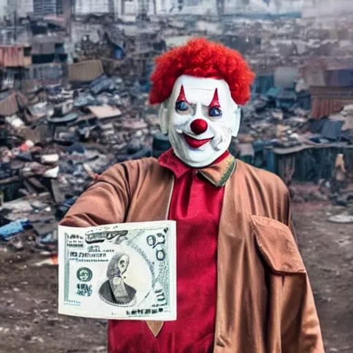 Prompt: A clown holding a dollar banknote, background is a slum, cinematic, epic, highly-detailed, photo realistic