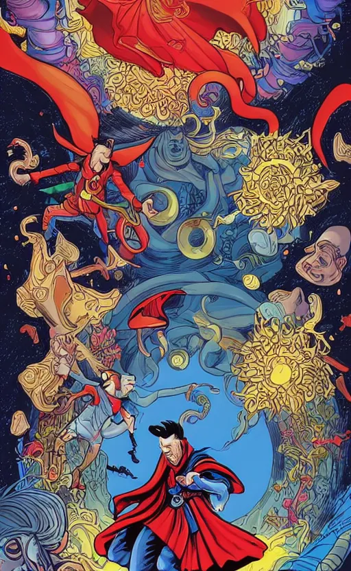 Image similar to the third first image on the scattered absurdity server, dr strange and dr seuss, very pretty, photorealistic, portal hopping and time warping with reckless abandon, by Dan Mumford