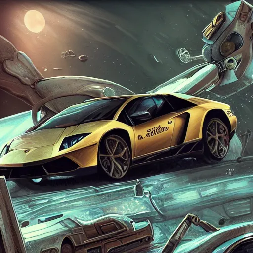 Image similar to harry potter driving a lamborghini in a space station on mars, highly detailed, digital art, trending on artstation