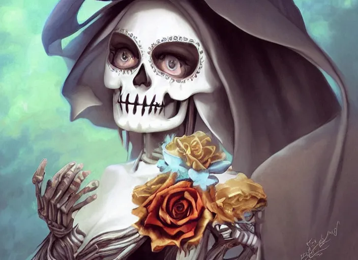 Image similar to cute & beautiful smiling mexican undead skeleton girl dressed as a vert attractive nun looking at the viewer, elegant, digital art, fantasy, pixar style, painting, pin up, highly detailed, artstation, art by artgerm, vrubel, boris vallejo and ilya kuvshinov