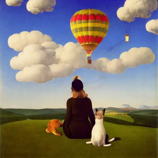 Prompt: a girl and her cat enjoying a hot-air-balloon ride by Raphael, Hopper, and Rene Magritte. detailed, romantic, enchanting, trending on artstation.