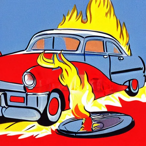 Prompt: detailed cheerful color 1950s illustration of a car on fire