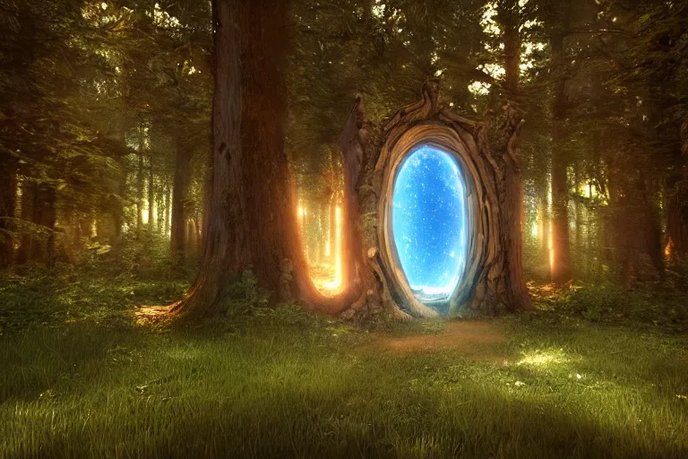 Image similar to A cosmic portal in an enchanted forest. Cinematic lighting. Photorealism.