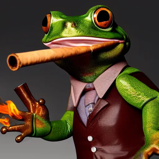 Image similar to a high quality photo of an antropomorphic frog wearing a suit smoking a cigar, 3d scene, render, ultra realistic, artstation, cgsociety