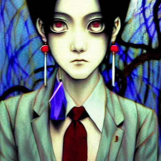 Image similar to yoshitaka amano blurred and dreamy realistic three quarter angle horror portrait of a sinister young woman with short hair, big earrings and white eyes wearing office suit with tie, black and white junji ito abstract patterns in the background, satoshi kon anime, noisy film grain effect, highly detailed, renaissance oil painting, weird portrait angle, blurred lost edges