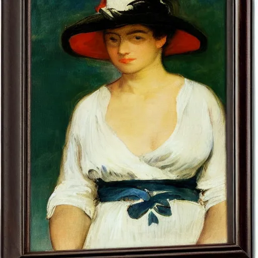 Image similar to woman wearing a panama hat, by eugene delacroix.