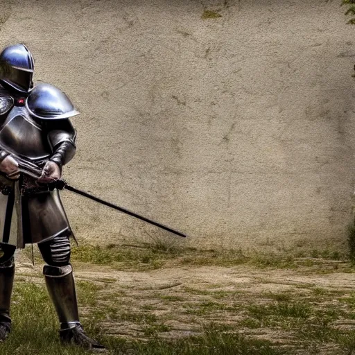 Image similar to a medieval knight in full armor, shooting an ak - 4 7. 4 k, hdr.