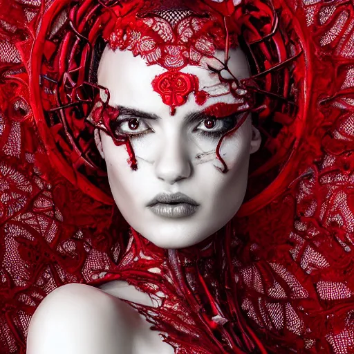 Prompt: a female harkonen model by stefan geselle and nekro borja, photorealistic, biomechanical, red lace, intricate details, hyper realistic, ornate headpiece, photorealistic, canon r 3, photography, wide shot, photography, dark beauty, symmetrical features