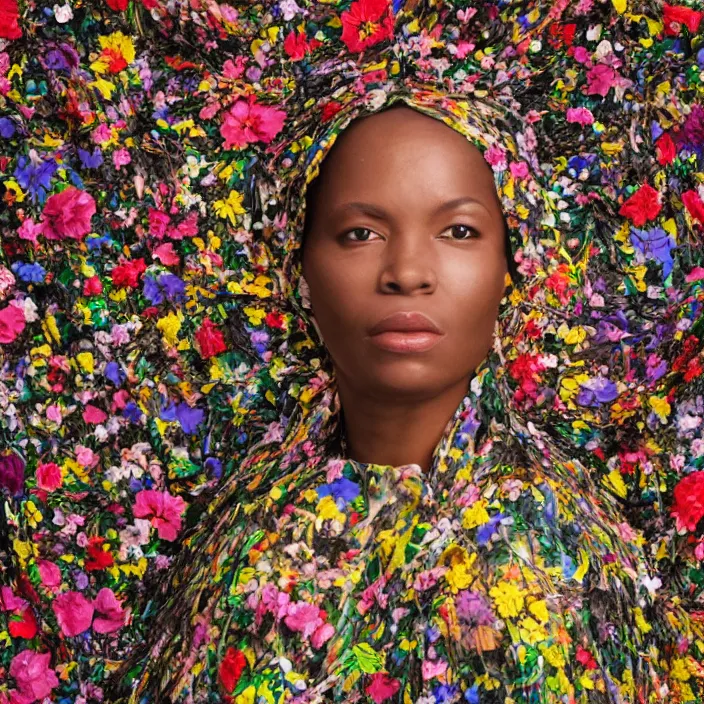 Image similar to a closeup portrait of a woman wearing a cloak made of plastic and mud, in an infinite landscape of flowers, photograph by kehinde wiley, canon eos c 3 0 0, ƒ 1. 8, 3 5 mm, 8 k, medium - format print