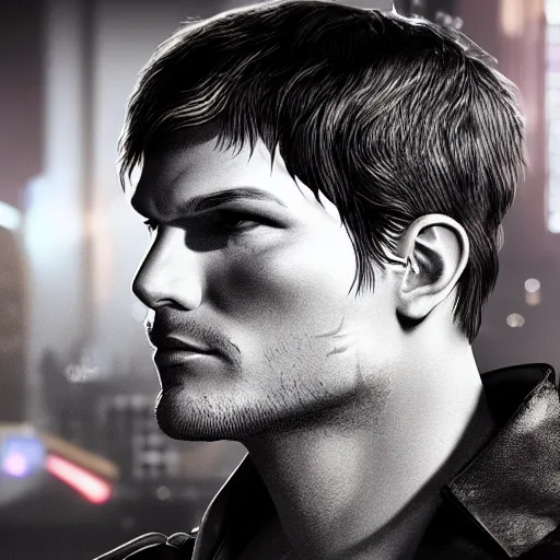 Prompt: ashton kutcher portrait, cyberpunk 2 0 7 7, cyberpunk, photorealistic, ultra detailed, neon, octane, bokeh, cinematic lighting, cyber, cyberpunk city, studio quality, feature, scars, cyberface, 8 k