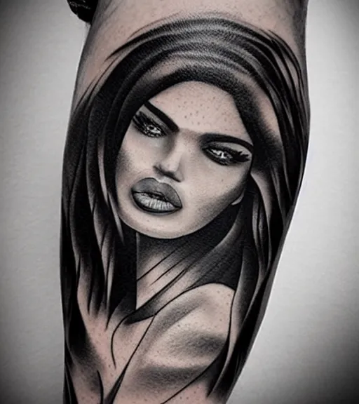 Image similar to amazing blend effect of beautiful mountain scenery with a beautiful woman face, tattoo design sketch, hyper - realistic, in the style of matteo pasqualin, amazing detail, black and white, abstract
